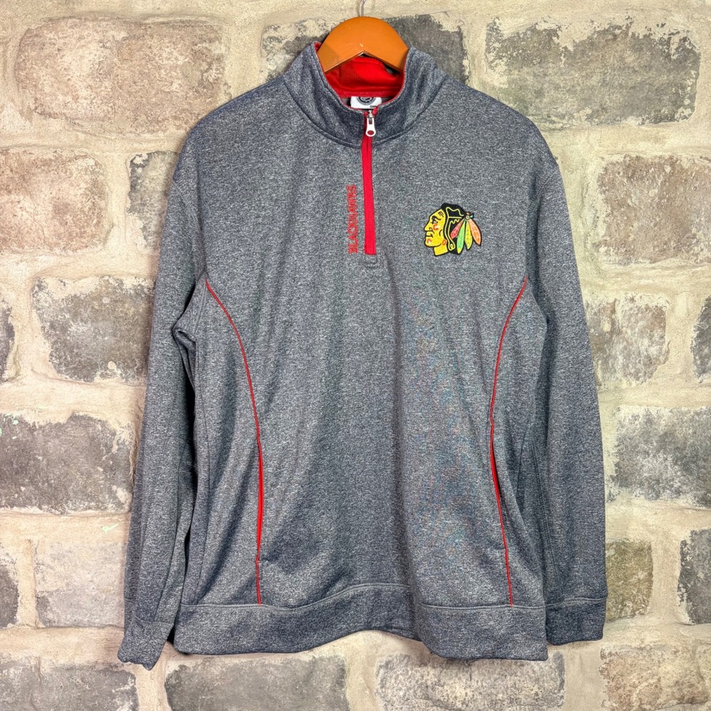 NHL Chicago‎ Blackhawks Men's Large Gray Heathered Quarter Zip Pullover Sweater